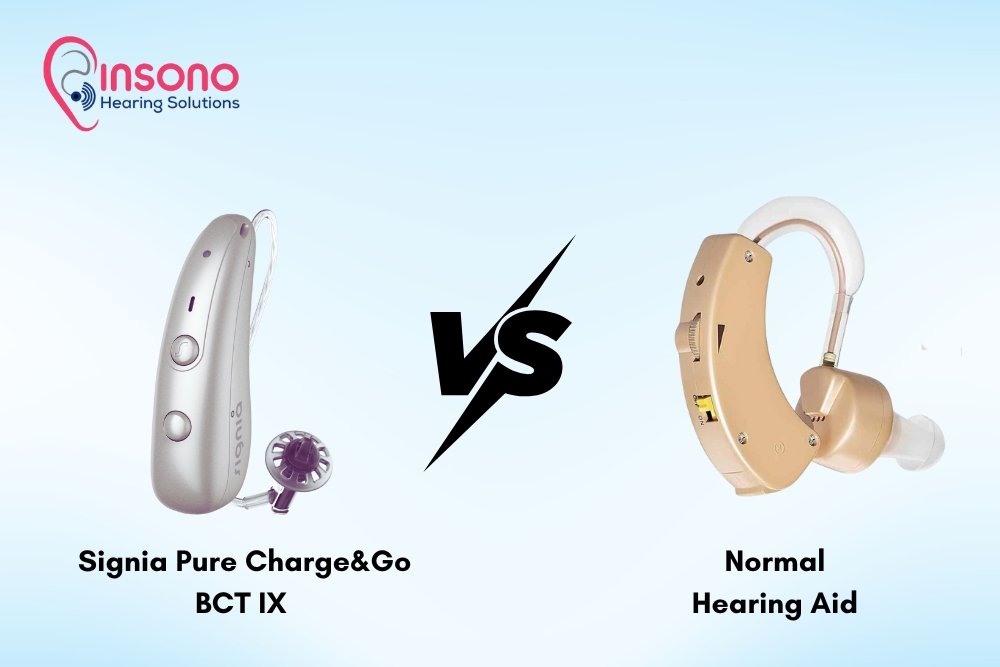 “Comparison image showing Signia Pure Charge&Go BCT IX AI hearing aid versus normal hearing aid — highlighting sound clarity, AI focus, and connectivity benefits.