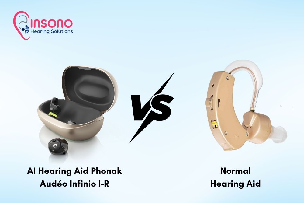 Comparison chart showing Phonak Audéo Infinio I-R AI hearing aid versus normal hearing aid – highlighting sound processing, connectivity, and comfort differences.