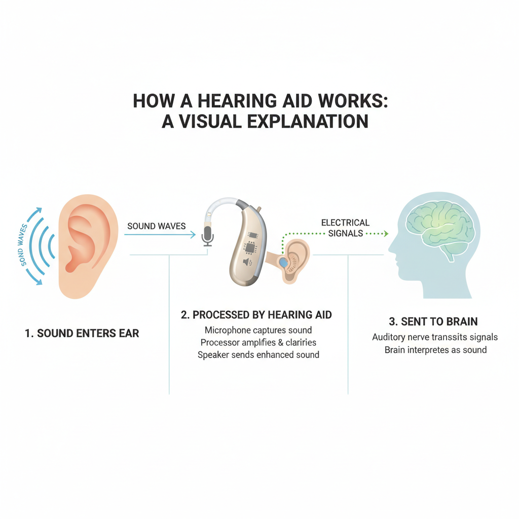 an explainer diagram here showing sound waves entering the ear → processed by the hearing aid → sent to the brain.